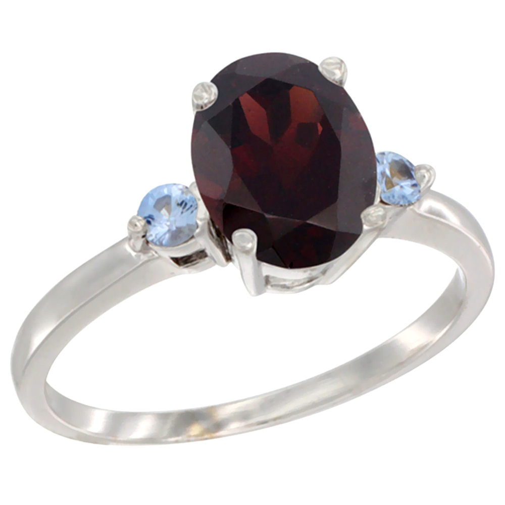14K White Gold Natural Garnet Ring Oval 9x7 mm Light Blue Sapphire Accent, sizes 5 to 10