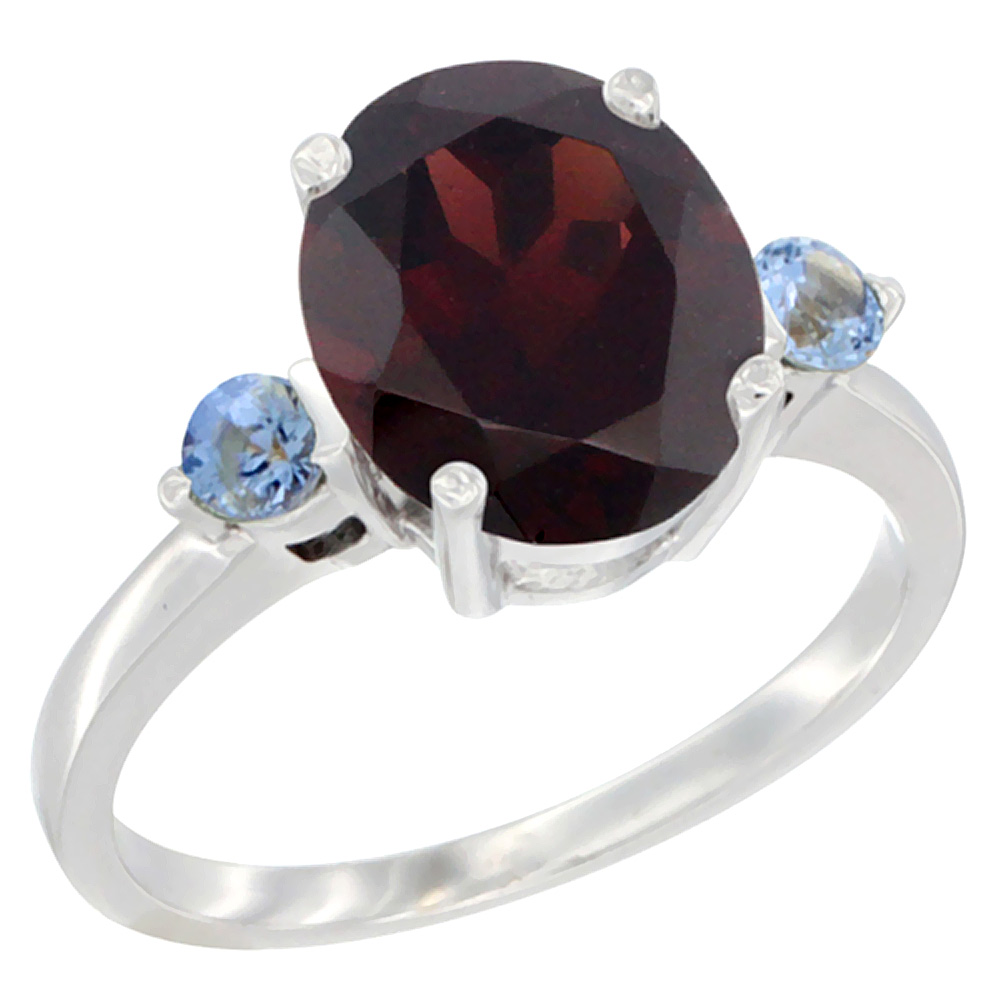 10K White Gold 10x8mm Oval Natural Garnet Ring for Women Light Blue Sapphire Side-stones sizes 5 - 10