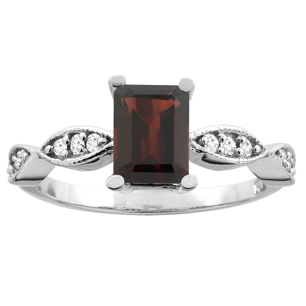 10K White/Yellow Gold Natural Garnet Ring Octagon 7x5mm Diamond Accents, sizes 5 -10