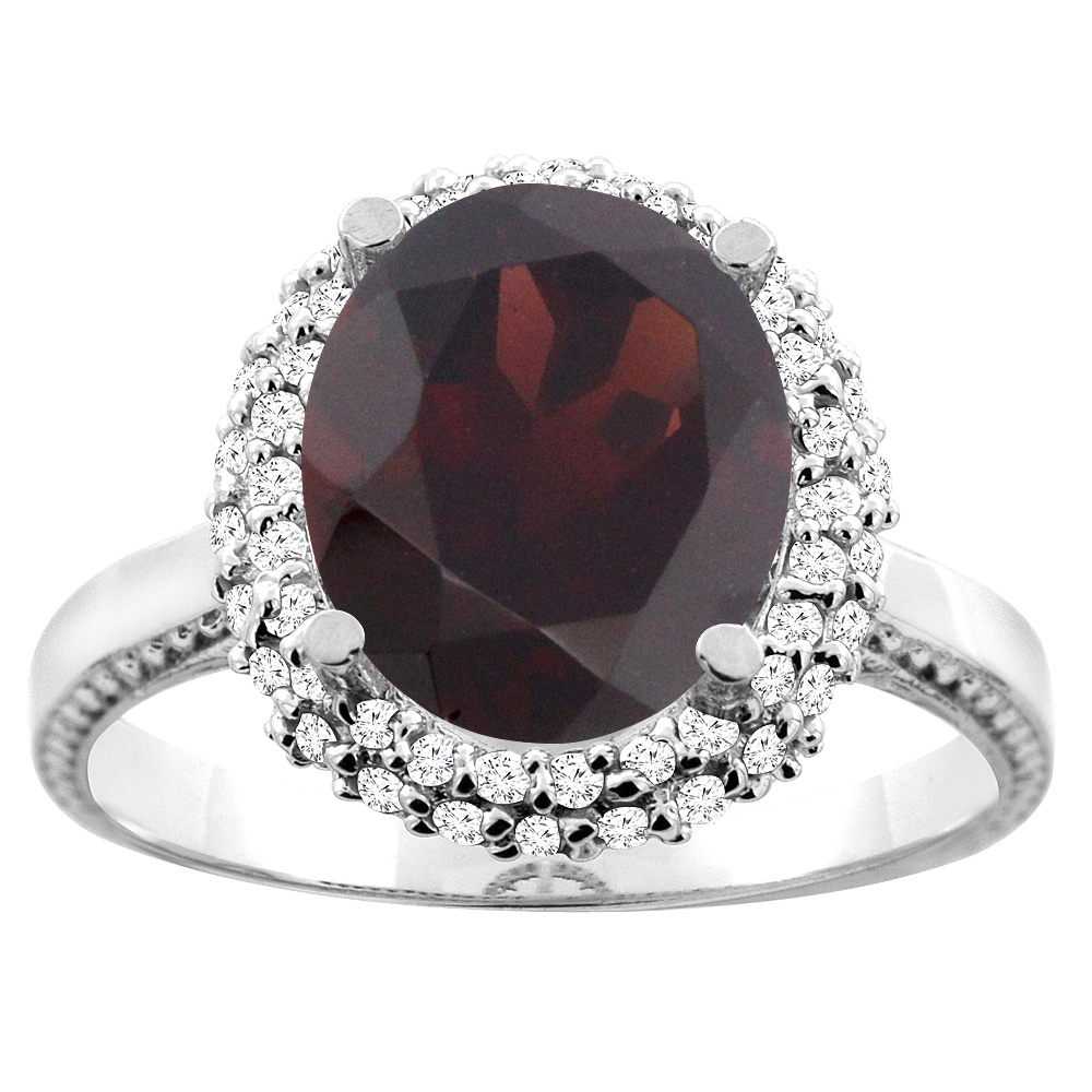 14K White/Yellow Gold Natural Garnet Double Halo Ring Oval 10x8mm Diamond Accent, sizes 5 - 10