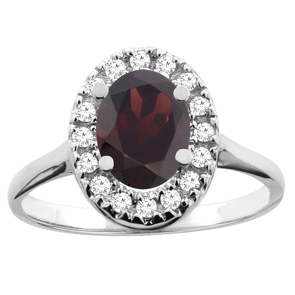 14K White/Yellow Gold Natural Garnet Ring Oval 8x6mm Diamond Accent, sizes 5 - 10