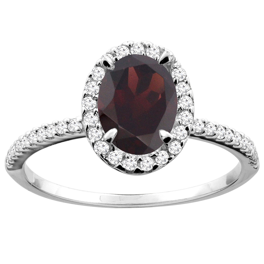 10K White/Yellow Gold Natural Garnet Ring Oval 8x6mm Diamond Accent, sizes 5 - 10