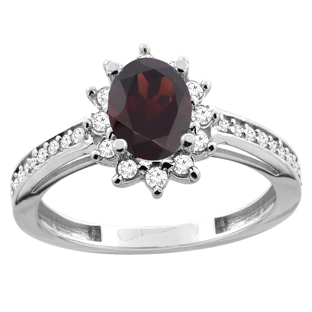 14K White/Yellow Gold Diamond Natural Garnet Floral Halo Engagement Ring Oval 7x5mm, sizes 5 - 10