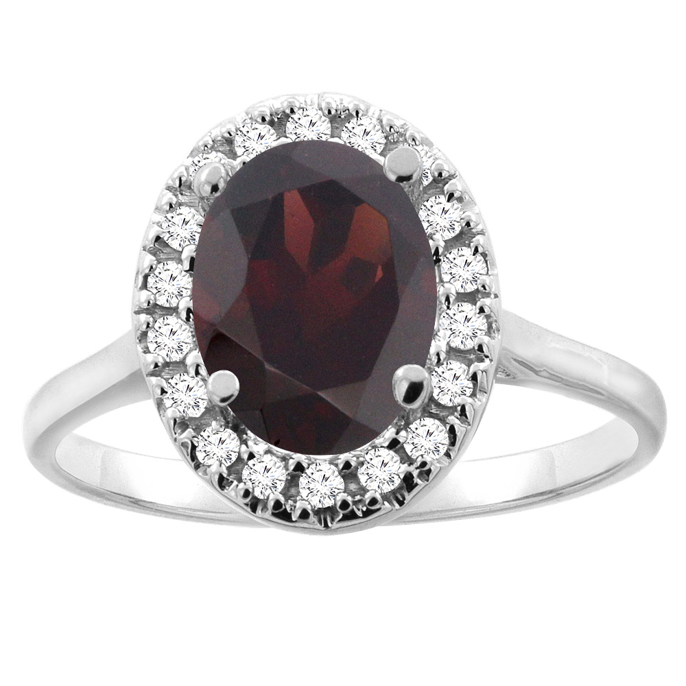 14K Gold Natural Garnet Halo Ring Oval 9x7mm Diamond Accent, sizes 5 - 10