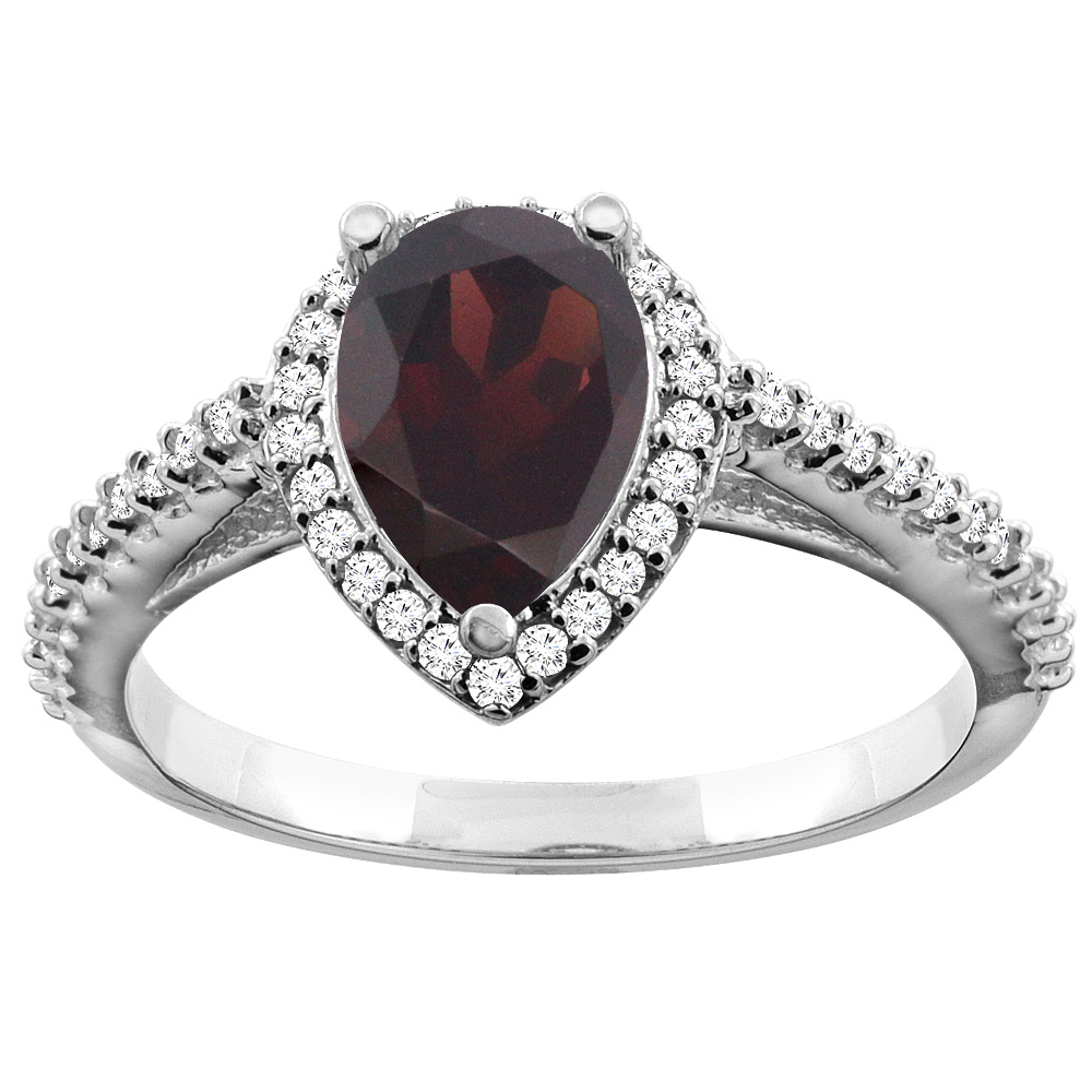 14K White Gold Natural Garnet Ring Pear 9x7mm Diamond Accents, sizes 5 - 10