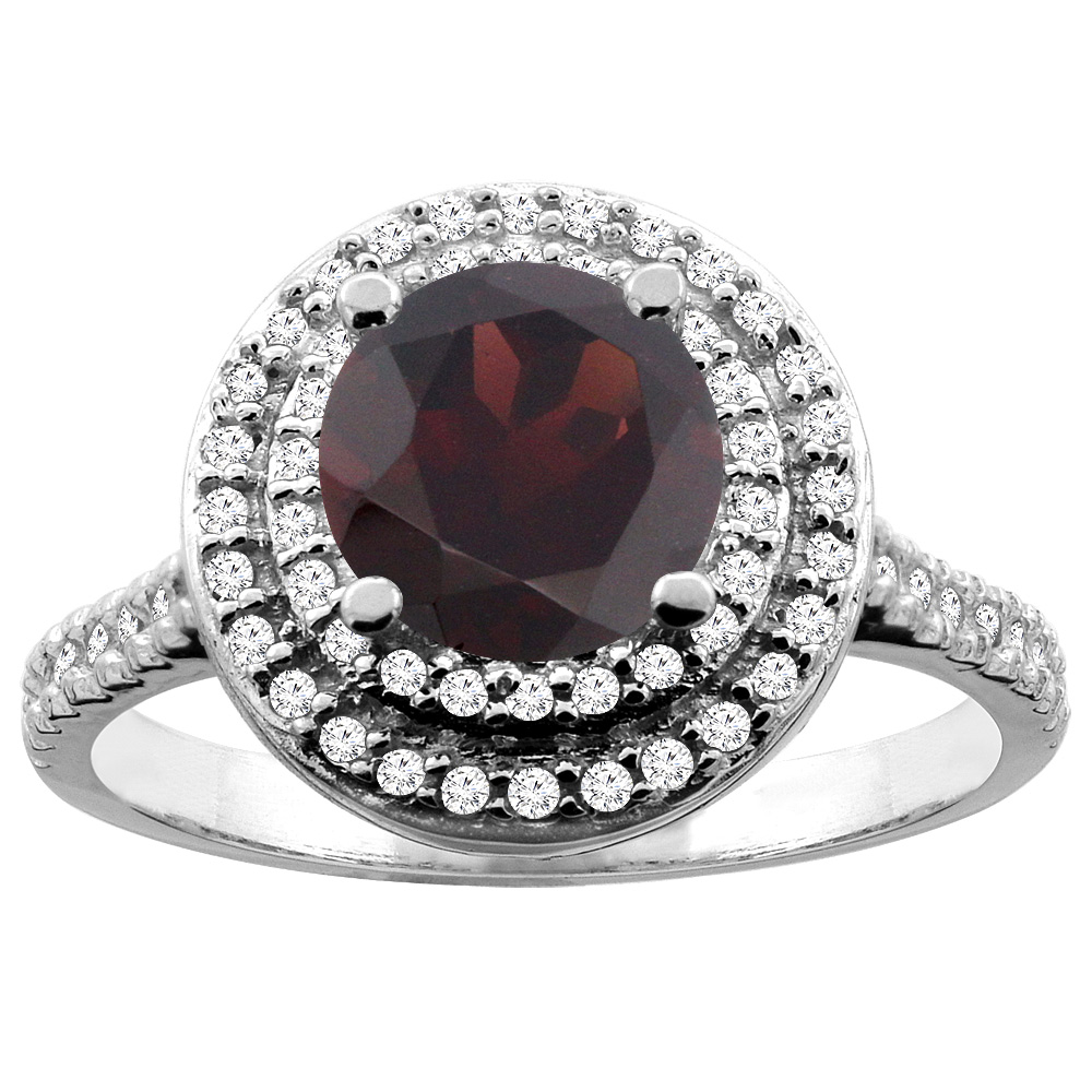 14K White/Yellow Gold Natural Garnet Double Halo Ring Round 7mm Diamond Accent, sizes 5 - 10