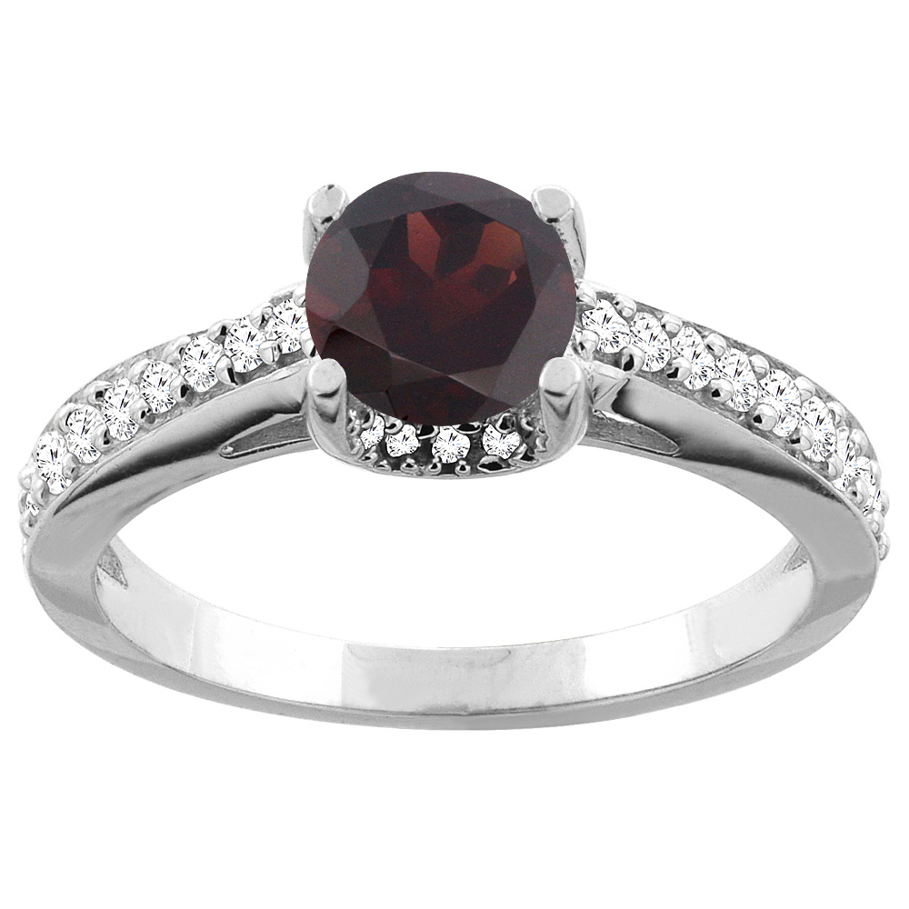 10K White/Yellow Gold Natural Garnet Ring Round 6mm Diamond Accents 1/4 inch wide, sizes 5 - 10