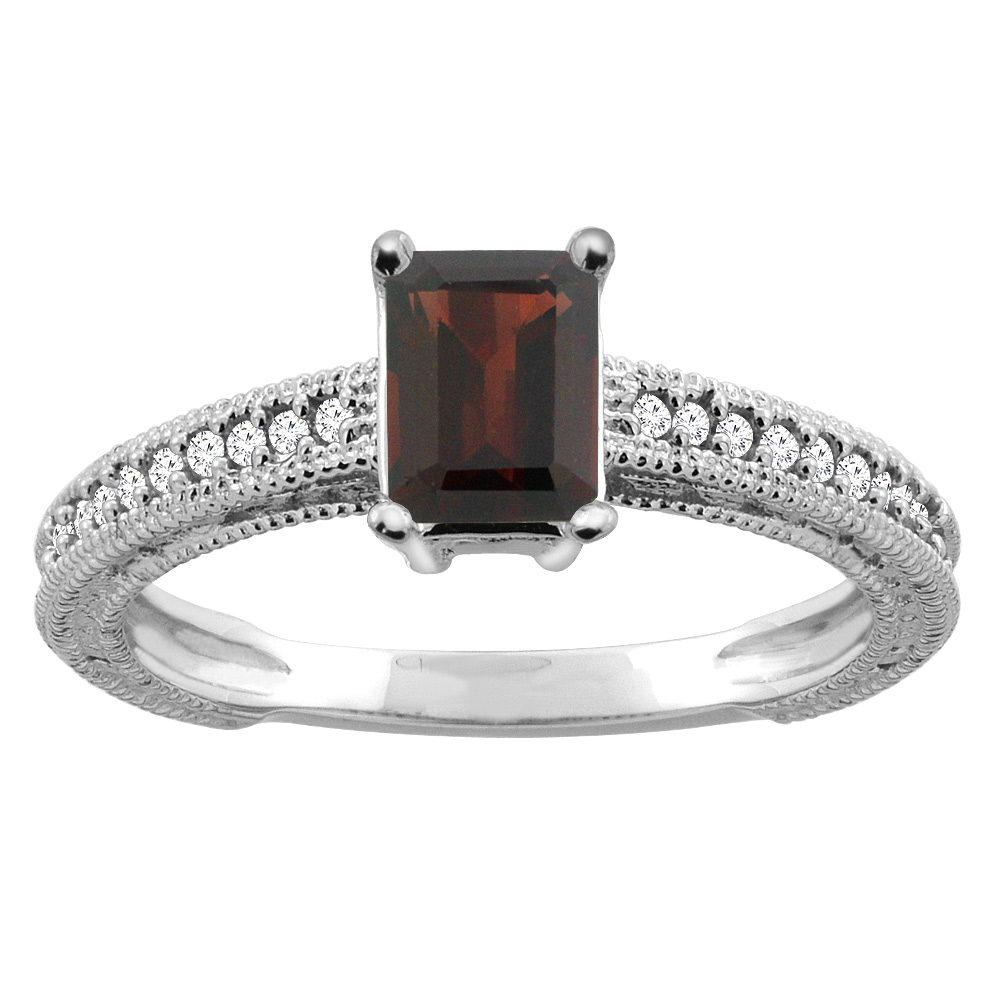 14K Gold Natural Garnet Engagement Ring Octagon 8x6mm Diamond Accents, sizes 5 - 10