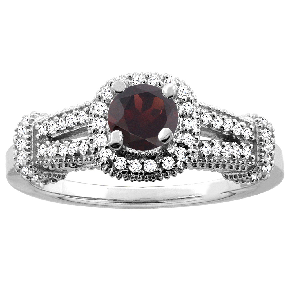 14K White Gold Natural Garnet Engagement Halo Ring Round 5mm Diamond Accents, sizes 5 - 10