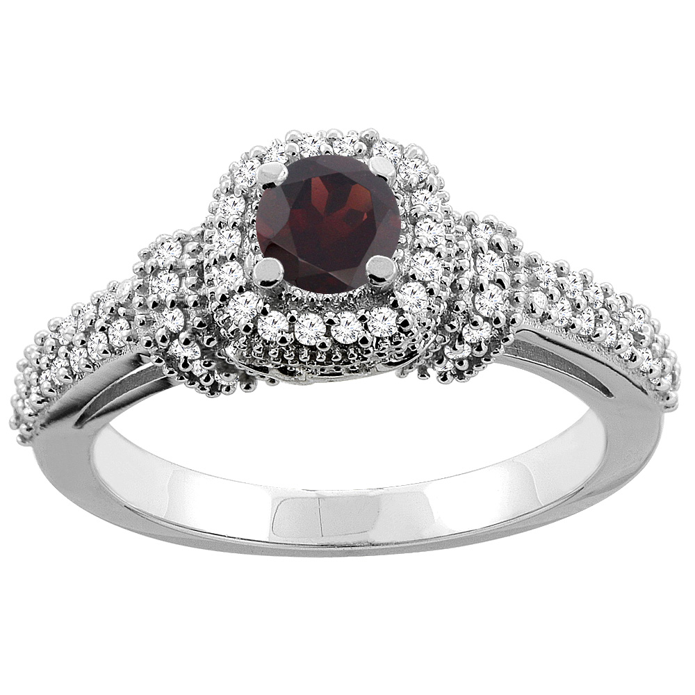 14K Gold Natural Garnet Engagement Halo Ring Round 5mm Diamond Accents, sizes 5 - 10