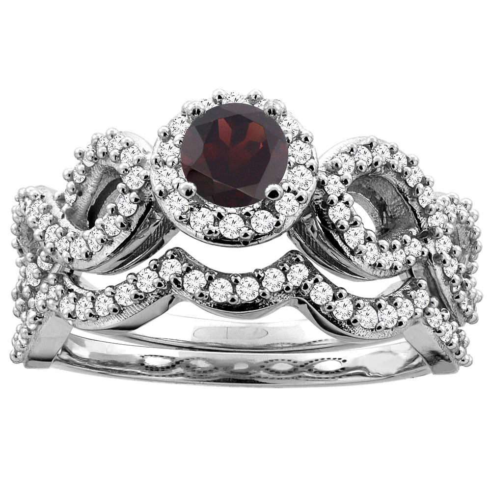 14K White Gold Natural Garnet Engagement Halo Ring Round 5mm Diamond 2-piece Accents, sizes 5 - 10