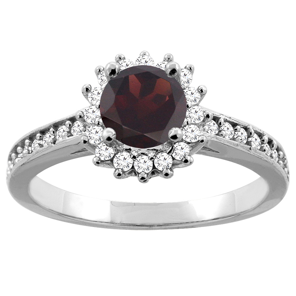 10K Gold Natural Garnet Floral Halo Diamond Engagement Ring Round 6mm, sizes 5 - 10