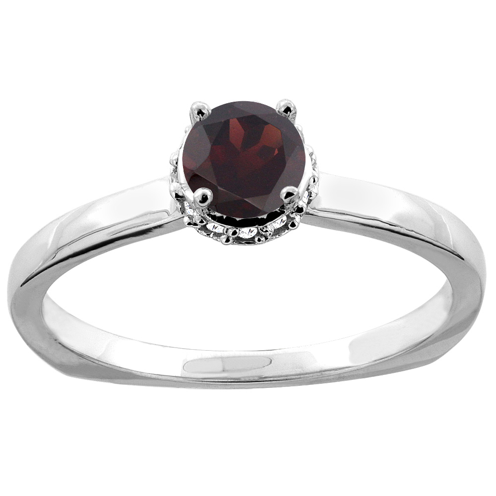 10K Gold Natural Garnet Solitaire Engagement Ring Round 4mm Diamond Accents, sizes 5 - 10