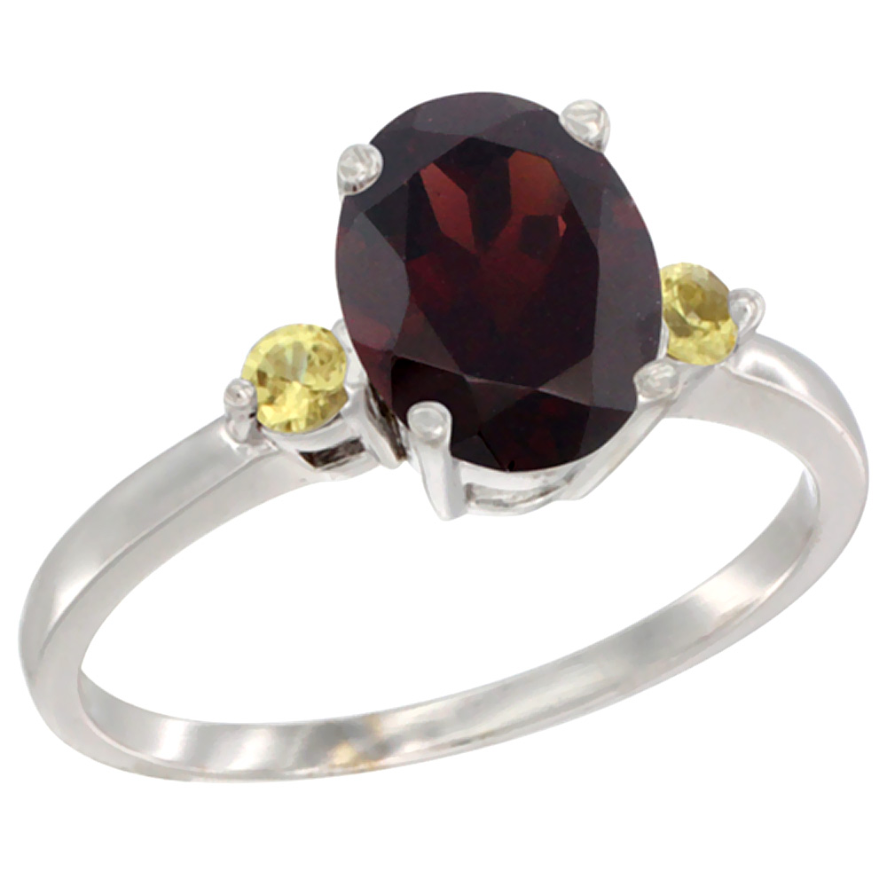 14K White Gold Natural Garnet Ring Oval 9x7 mm Yellow Sapphire Accent, sizes 5 to 10