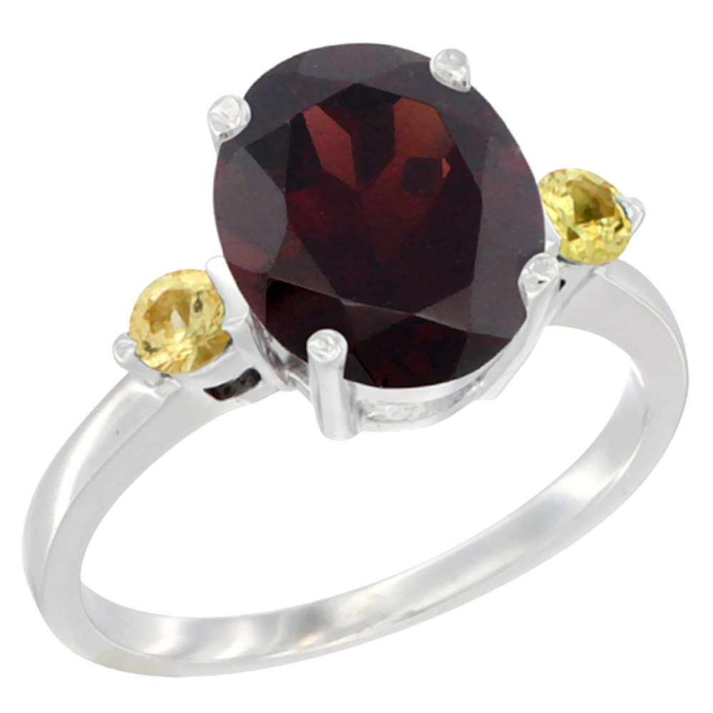 10K White Gold 10x8mm Oval Natural Garnet Ring for Women Yellow Sapphire Side-stones sizes 5 - 10