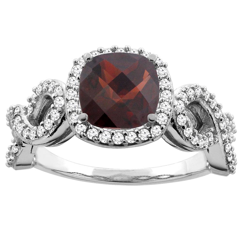 14K Gold Natural Garnet Engagement Ring Cushion 7mm Eternity Diamond Accents, sizes 5 - 10