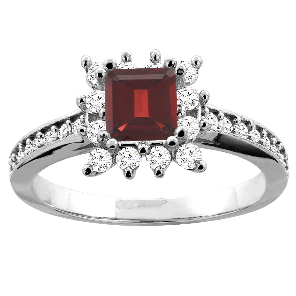 14K Yellow Gold Natural Garnet Engagement Ring Diamond Accents Square 5mm, sizes 5 - 10