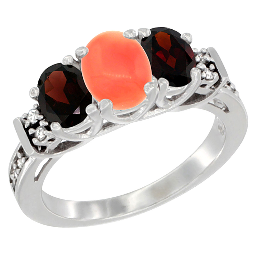 10K White Gold Natural Coral &amp; Garnet Ring 3-Stone Oval Diamond Accent, sizes 5-10