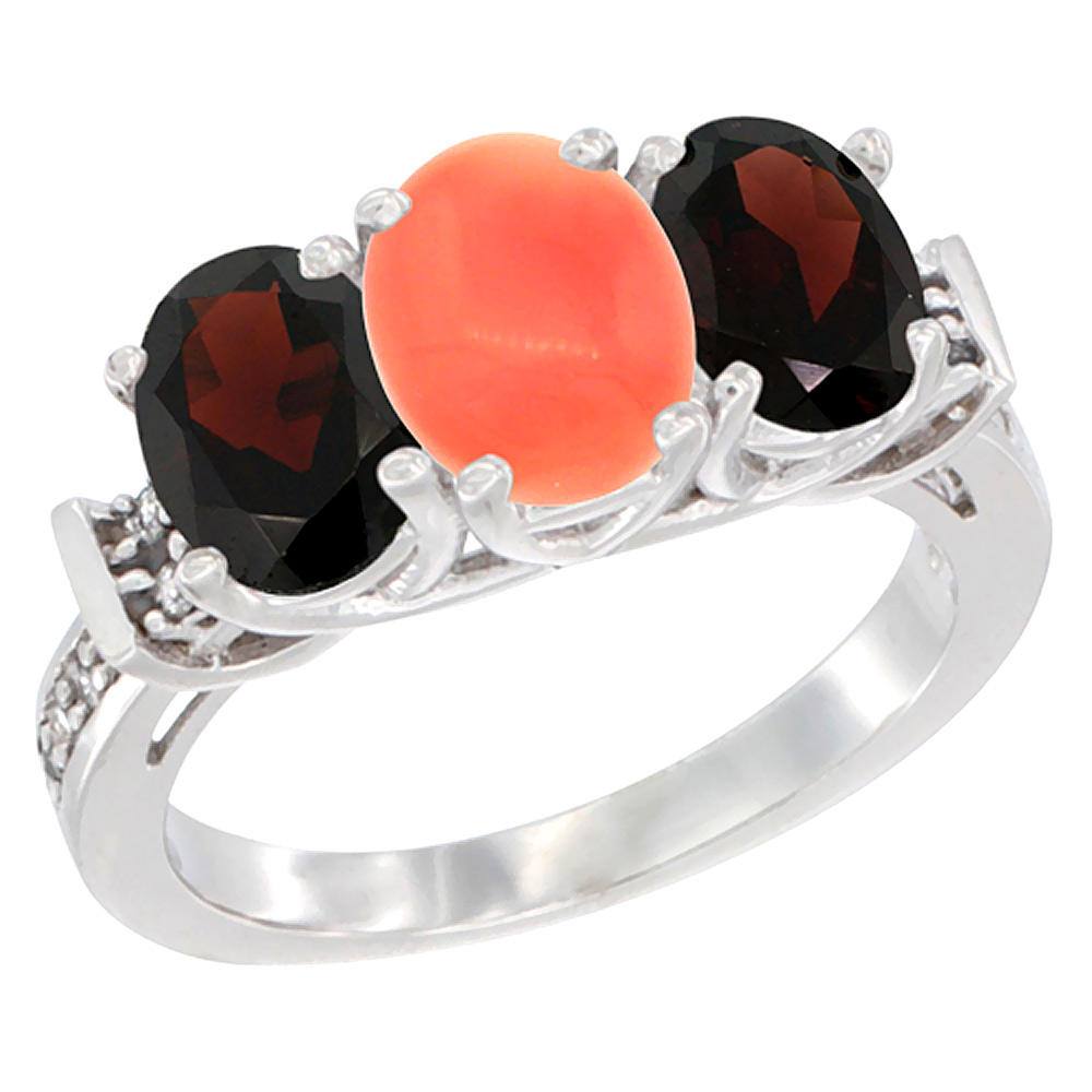 14K White Gold Natural Coral & Garnet Sides Ring 3-Stone Oval Diamond Accent, sizes 5 - 10