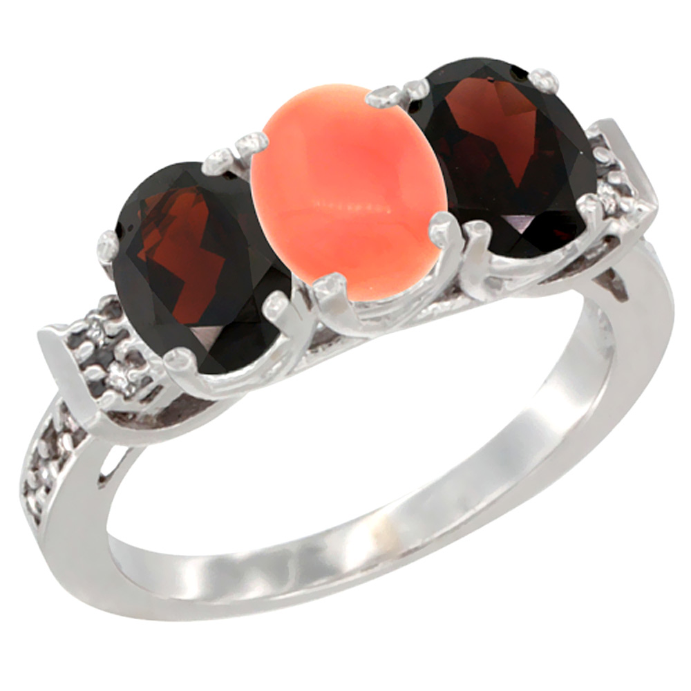 10K White Gold Natural Coral &amp; Garnet Sides Ring 3-Stone Oval 7x5 mm Diamond Accent, sizes 5 - 10