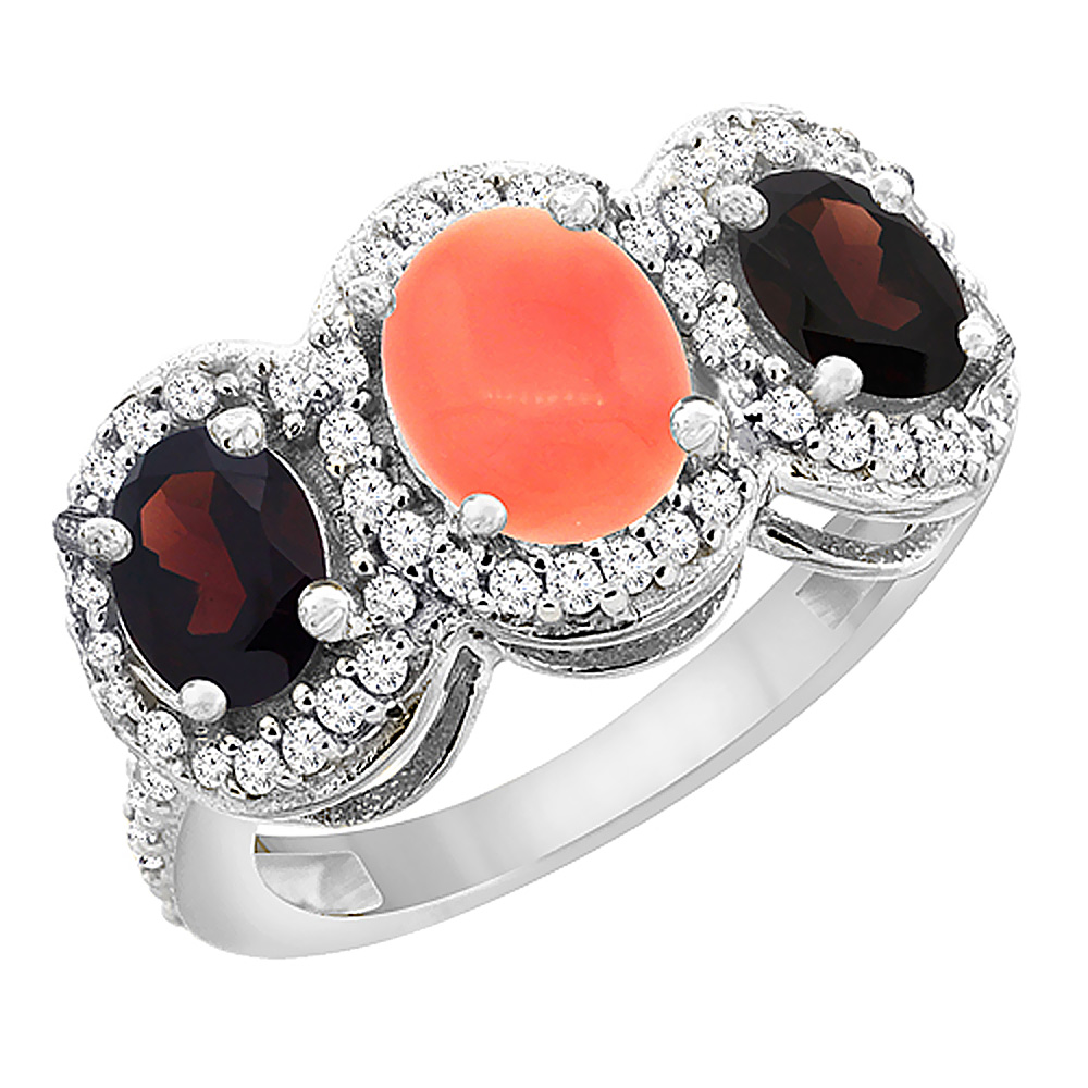 14K White Gold Natural Coral &amp; Garnet 3-Stone Ring Oval Diamond Accent, sizes 5 - 10