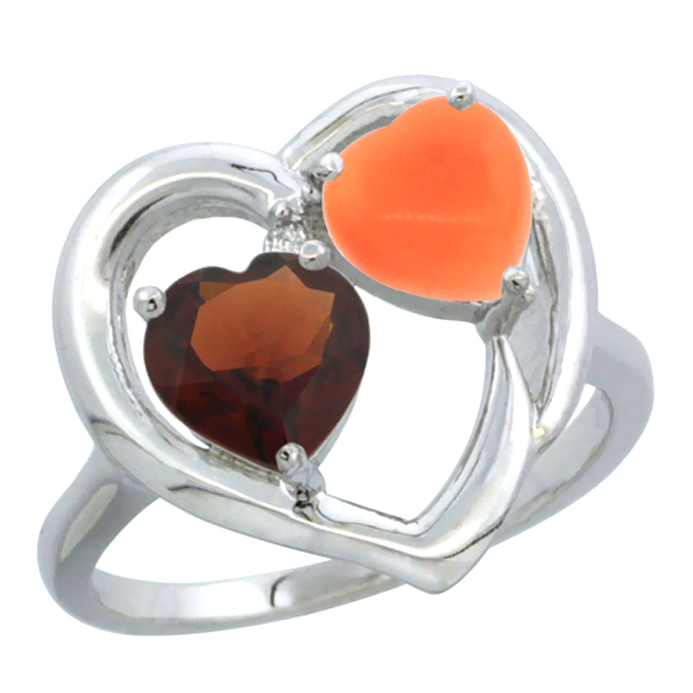 10K White Gold Diamond Two-stone Heart Ring 6mm Natural Garnet &amp; Coral, sizes 5-10