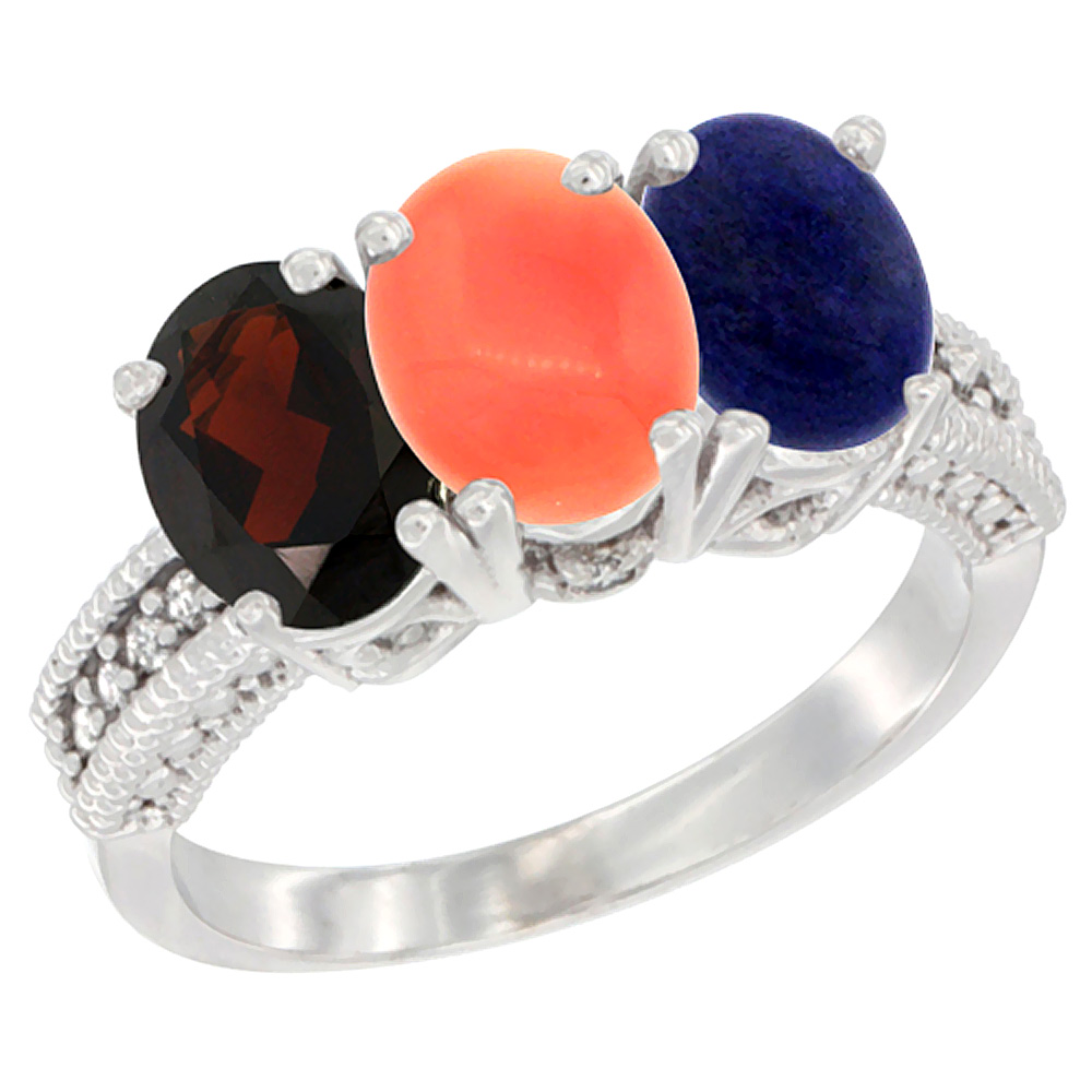 10K White Gold Natural Garnet, Coral &amp; Lapis Ring 3-Stone Oval 7x5 mm Diamond Accent, sizes 5 - 10
