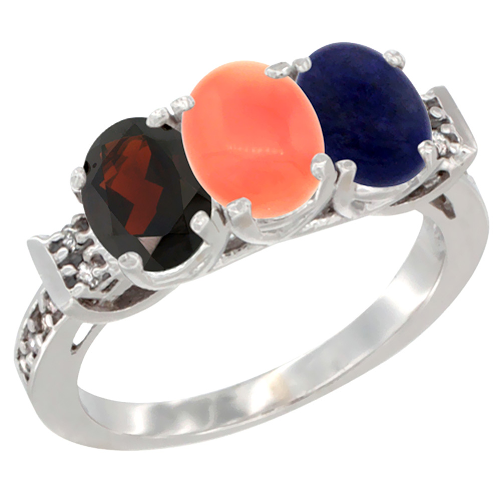 14K White Gold Natural Garnet, Coral &amp; Lapis Ring 3-Stone 7x5 mm Oval Diamond Accent, sizes 5 - 10