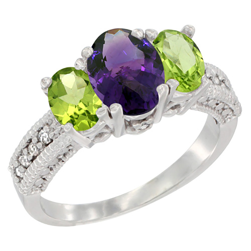14K White Gold Diamond Natural Amethyst Ring Oval 3-stone with Peridot, sizes 5 - 10