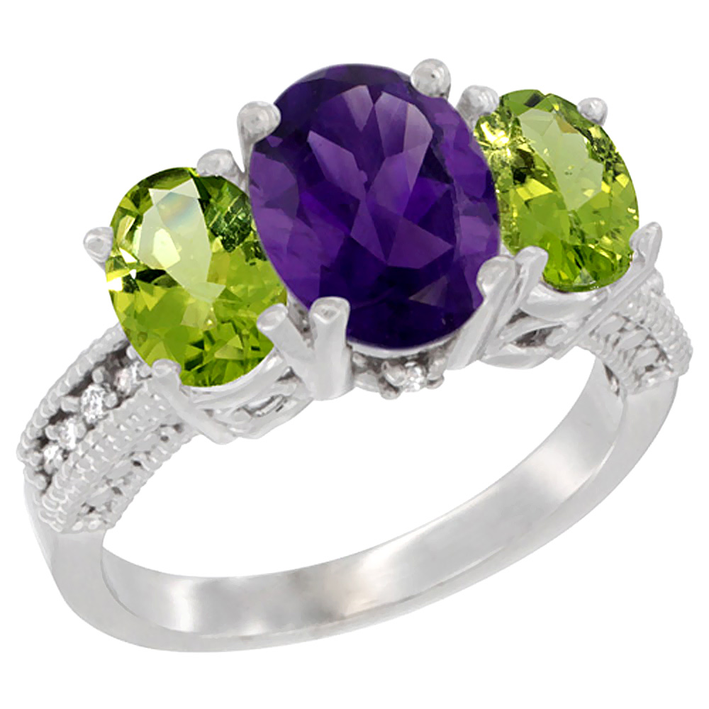 10K White Gold Diamond Natural Amethyst Ring 3-Stone Oval 8x6mm with Peridot, sizes5-10