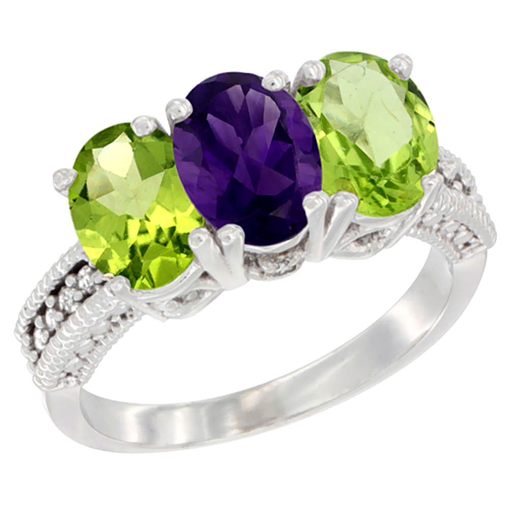 14K White Gold Natural Amethyst &amp; Peridot Sides Ring 3-Stone 7x5 mm Oval Diamond Accent, sizes 5 - 10