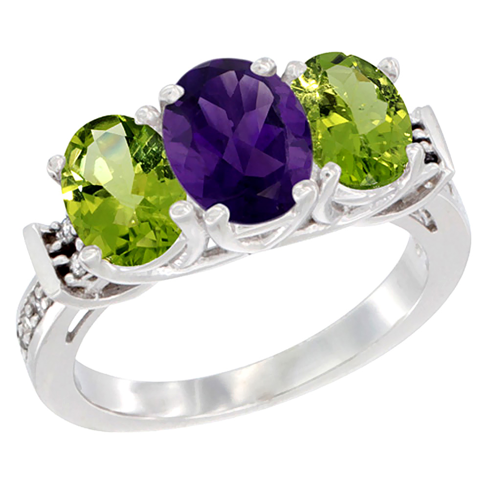 10K White Gold Natural Amethyst &amp; Peridot Sides Ring 3-Stone Oval Diamond Accent, sizes 5 - 10