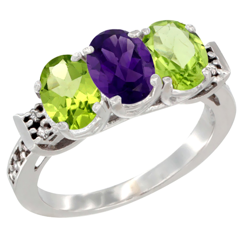14K White Gold Natural Amethyst & Peridot Sides Ring 3-Stone 7x5 mm Oval Diamond Accent, sizes 5 - 10