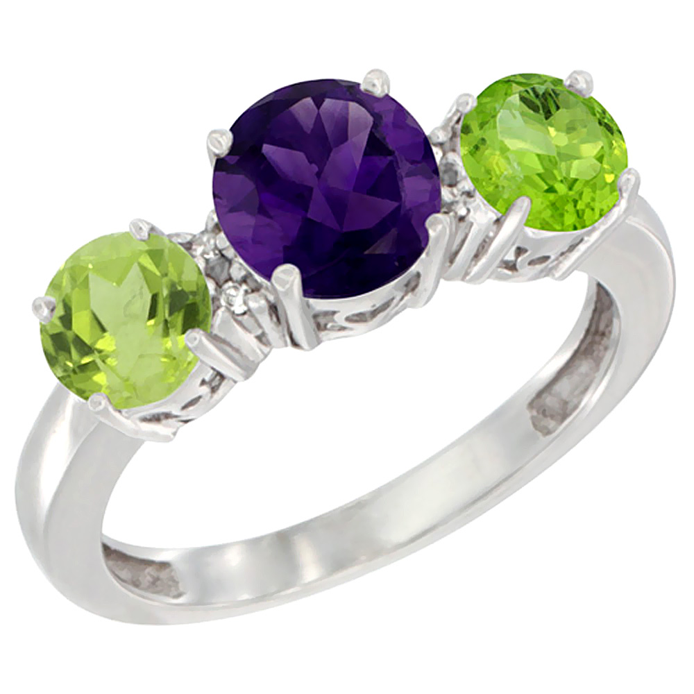14K White Gold Round 3-Stone Natural Amethyst Ring & Peridot Sides Diamond Accent, sizes 5 - 10
