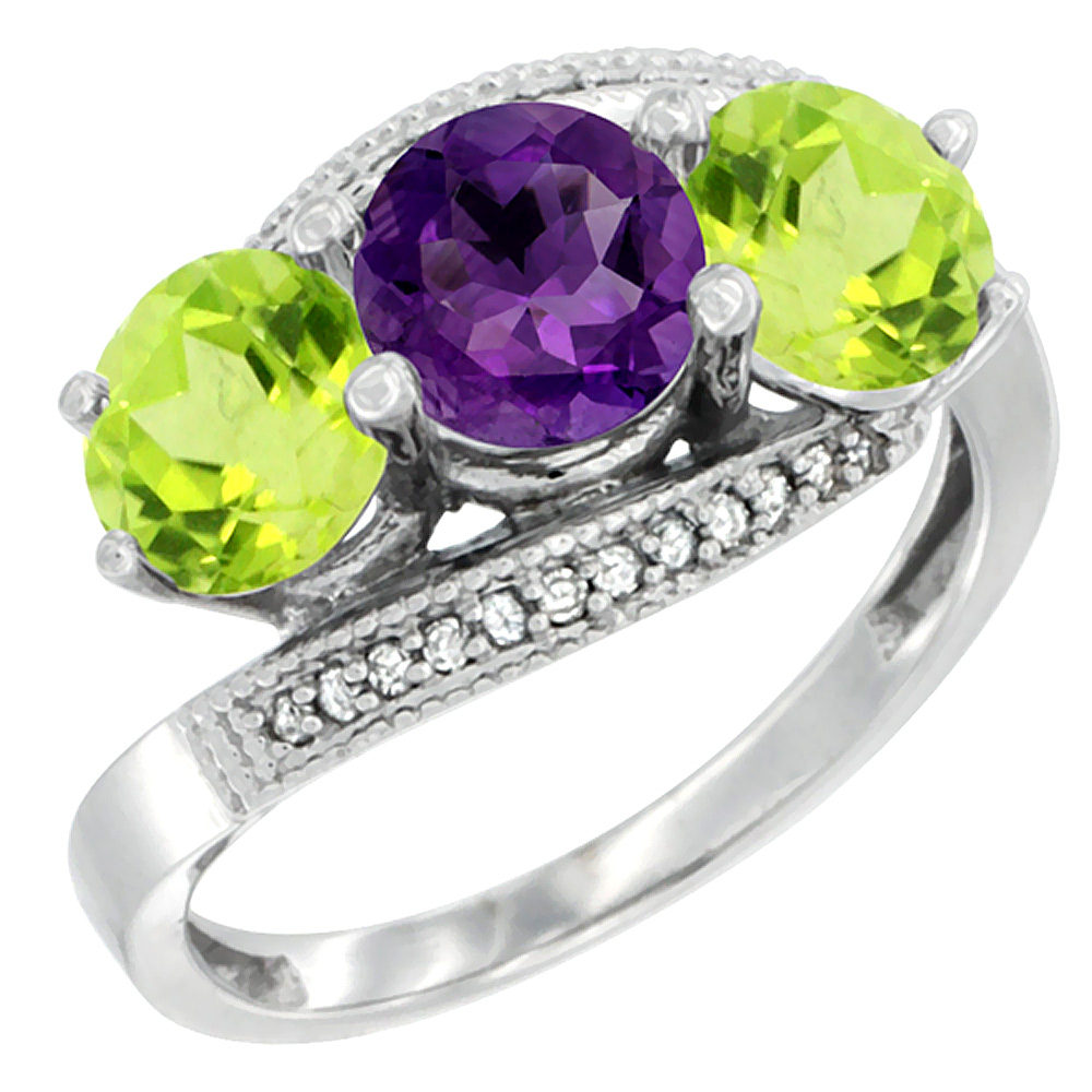 10K White Gold Natural Amethyst &amp; Peridot Sides 3 stone Ring Round 6mm Diamond Accent, sizes 5 - 10