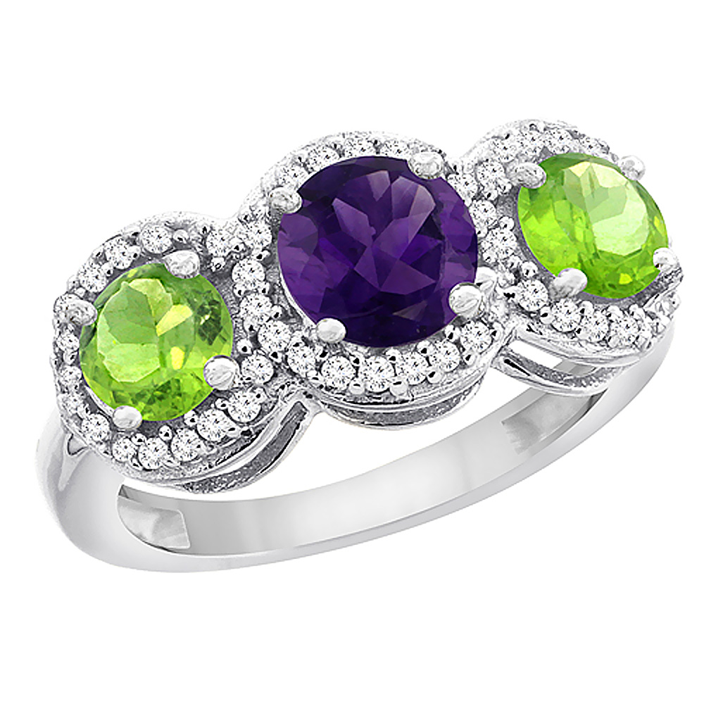 14K White Gold Natural Amethyst &amp; Peridot Sides Round 3-stone Ring Diamond Accents, sizes 5 - 10
