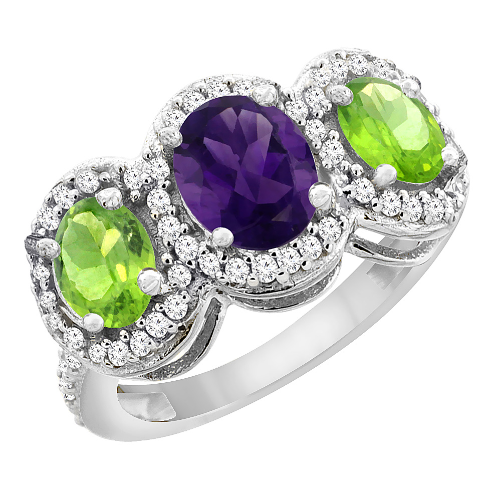 14K White Gold Natural Amethyst & Peridot 3-Stone Ring Oval Diamond Accent, sizes 5 - 10