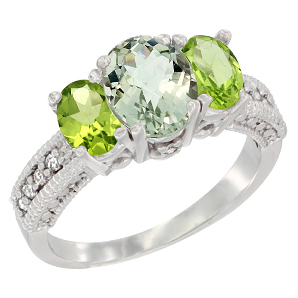 14K White Gold Diamond Natural Green Amethyst Ring Oval 3-stone with Peridot, sizes 5 - 10