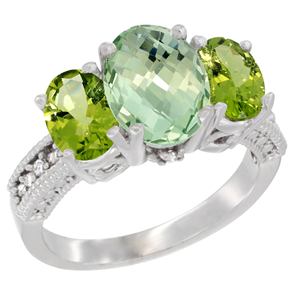 14K White Gold Diamond Natural Green Amethyst Ring 3-Stone Oval 8x6mm with Peridot, sizes5-10