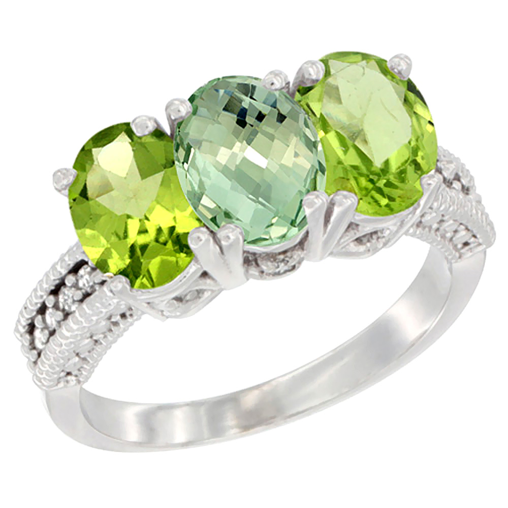 14K White Gold Natural Green Amethyst &amp; Peridot Sides Ring 3-Stone 7x5 mm Oval Diamond Accent, sizes 5 - 10