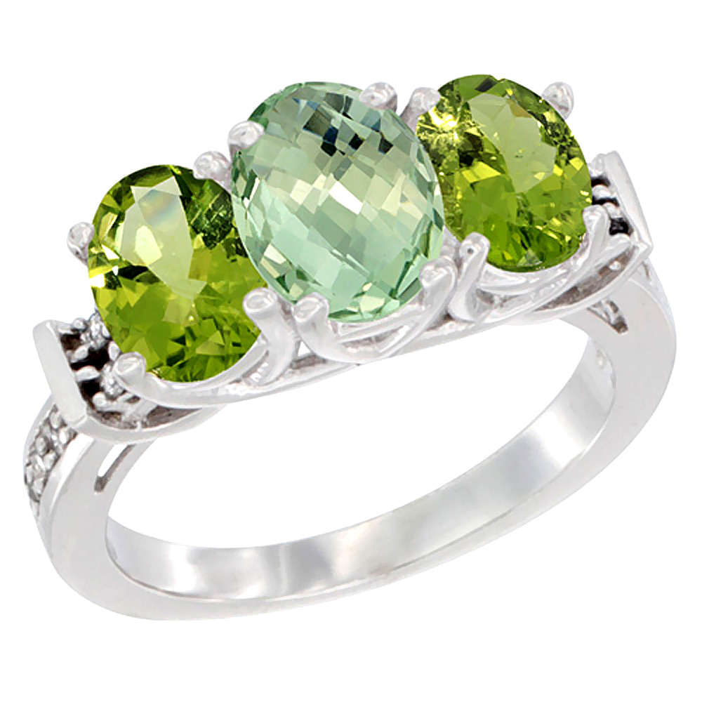 14K White Gold Natural Green Amethyst & Peridot Sides Ring 3-Stone Oval Diamond Accent, sizes 5 - 10