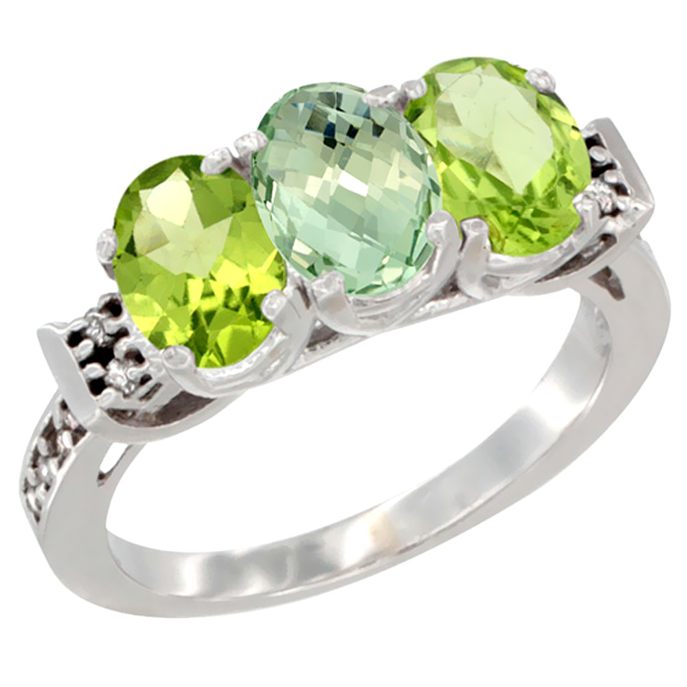 10K White Gold Natural Green Amethyst &amp; Peridot Sides Ring 3-Stone Oval 7x5 mm Diamond Accent, sizes 5 - 10