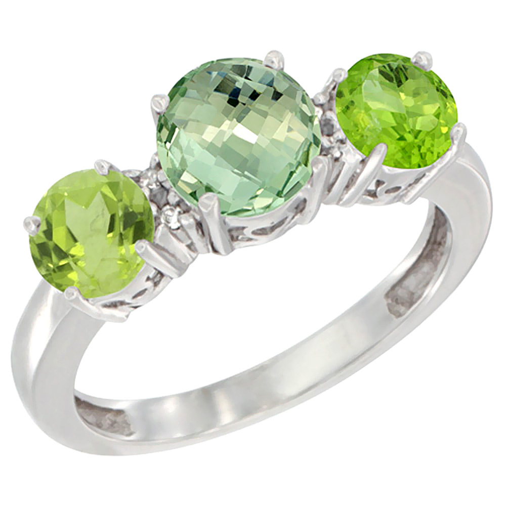 14K White Gold Round 3-Stone Natural Green Amethyst Ring &amp; Peridot Sides Diamond Accent, sizes 5 - 10