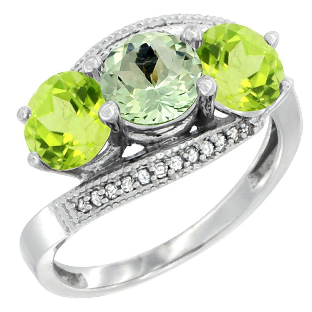 10K White Gold Natural Green Amethyst & Peridot Sides 3 stone Ring Round 6mm Diamond Accent, sizes 5 - 10