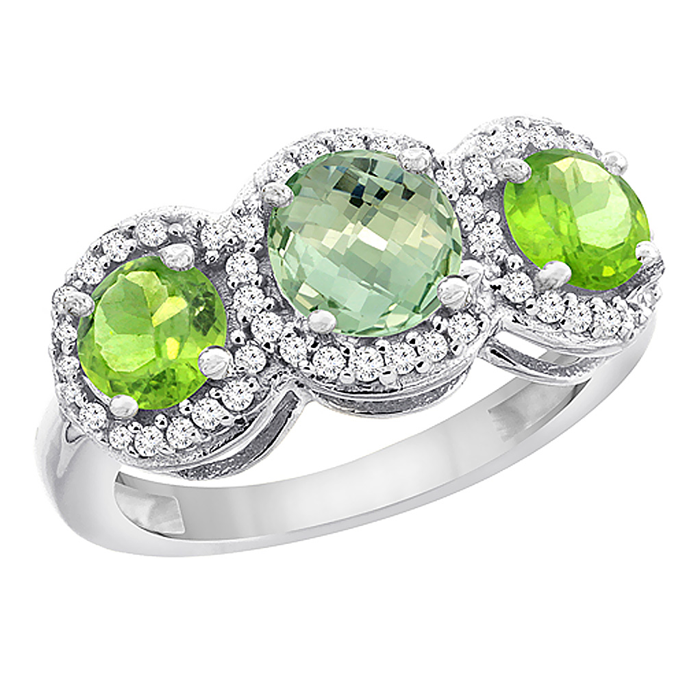 14K White Gold Natural Green Amethyst &amp; Peridot Sides Round 3-stone Ring Diamond Accents, sizes 5 - 10