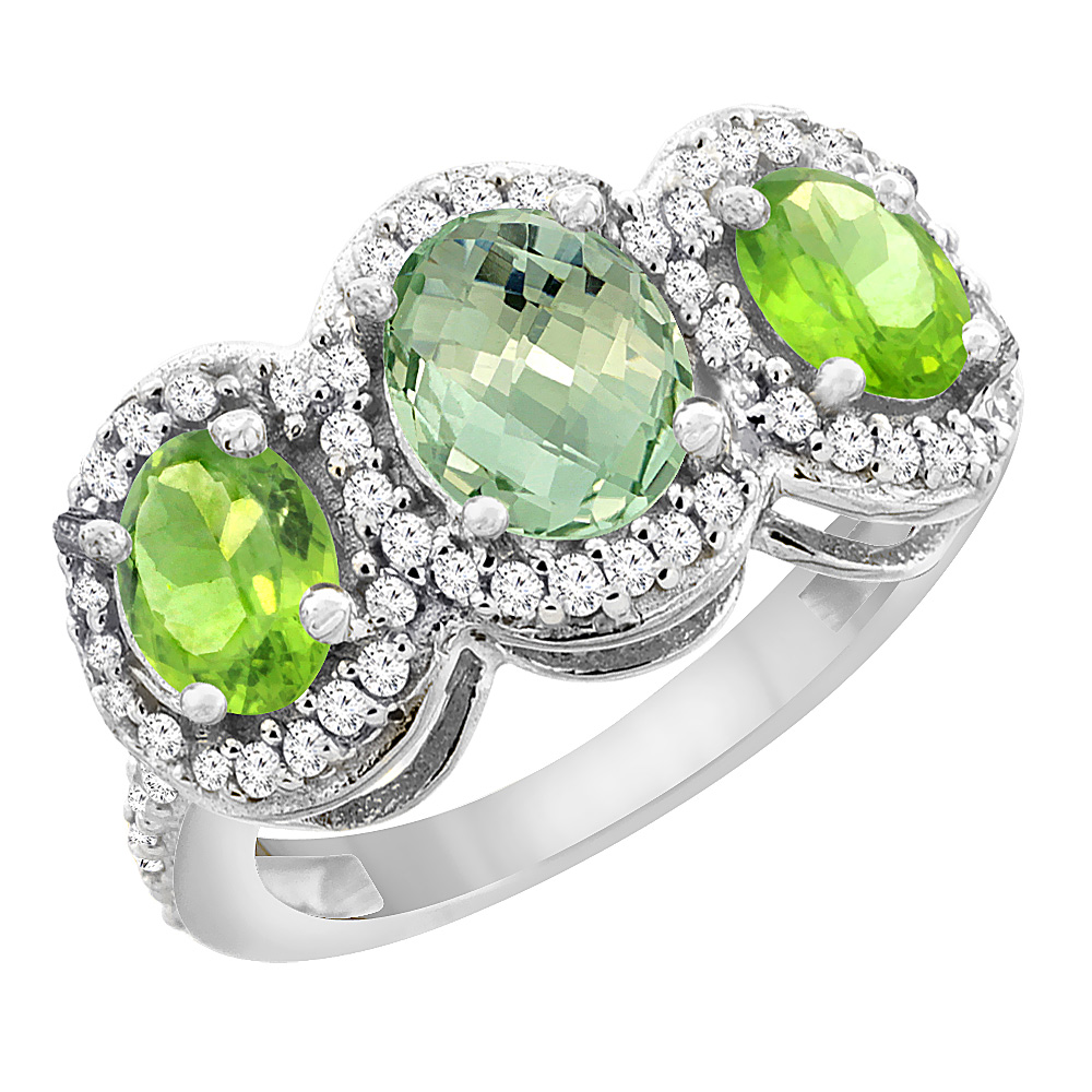 14K White Gold Natural Green Amethyst &amp; Peridot 3-Stone Ring Oval Diamond Accent, sizes 5 - 10