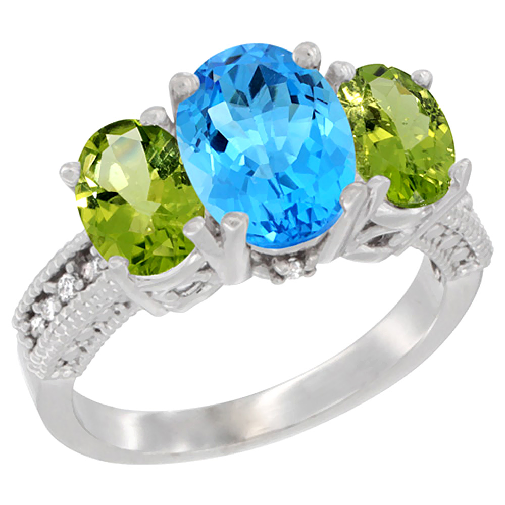 10K White Gold Diamond Natural Swiss Blue Topaz Ring 3-Stone Oval 8x6mm with Peridot, sizes5-10