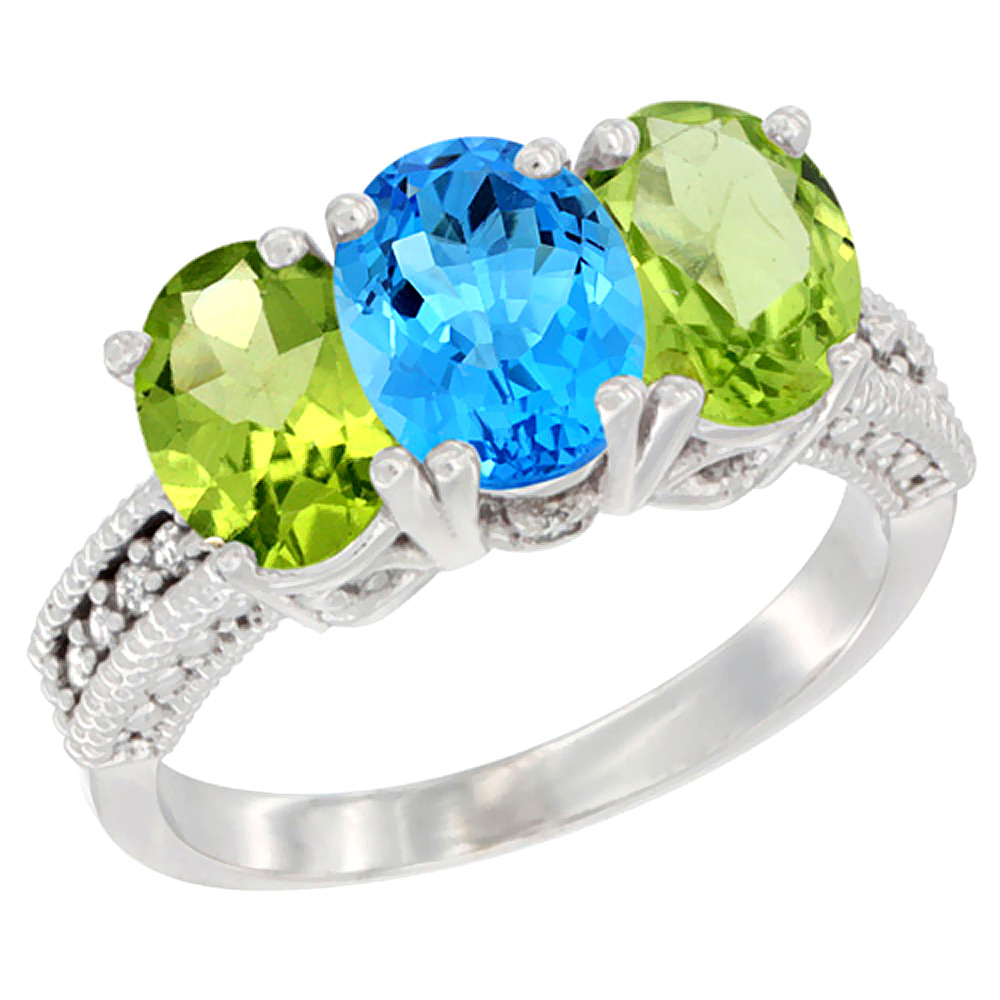 10K White Gold Natural Swiss Blue Topaz &amp; Peridot Sides Ring 3-Stone Oval 7x5 mm Diamond Accent, sizes 5 - 10