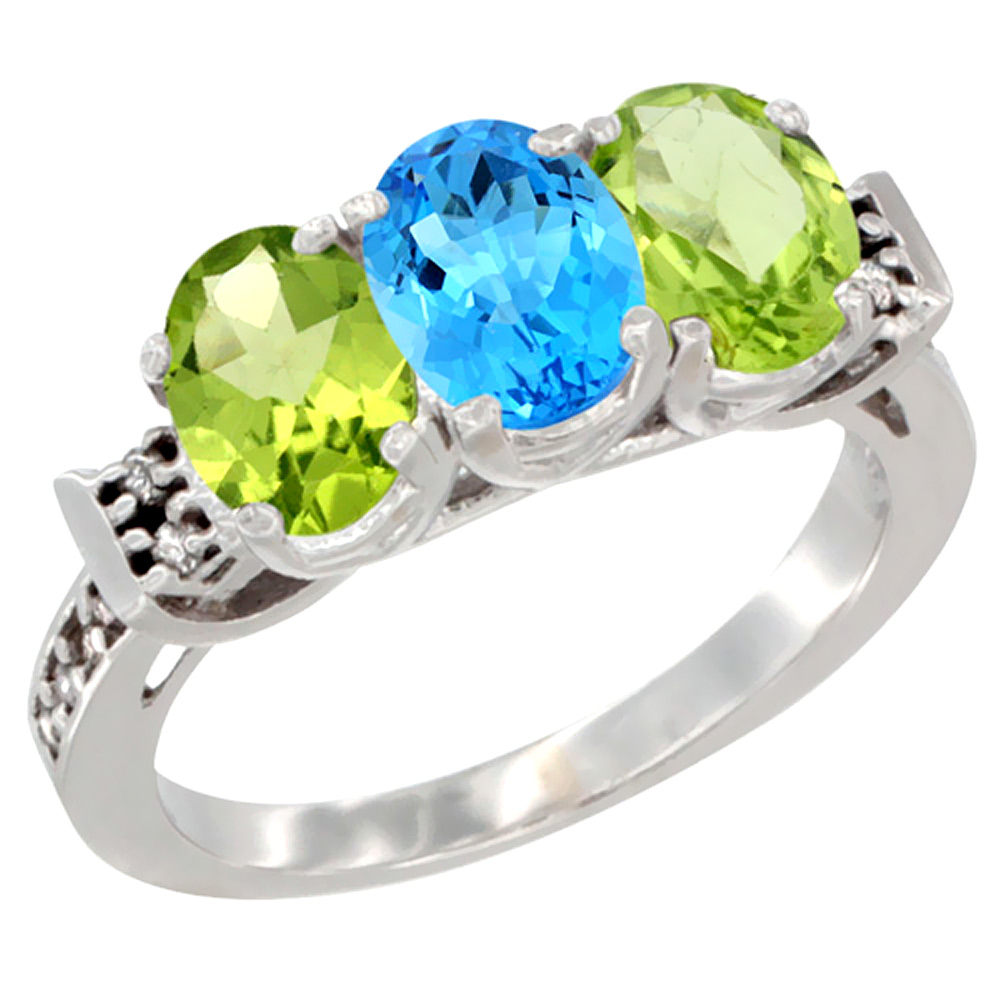 14K White Gold Natural Swiss Blue Topaz &amp; Peridot Sides Ring 3-Stone 7x5 mm Oval Diamond Accent, sizes 5 - 10