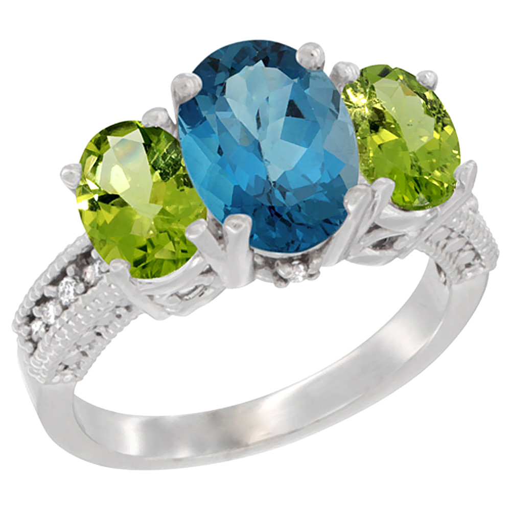 10K White Gold Diamond Natural London Blue Topaz Ring 3-Stone Oval 8x6mm with Peridot, sizes5-10
